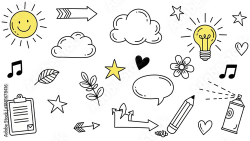 Hand-Drawn Doodle Elements: Sun, Clouds, Lightbulb, Music Notes, and More