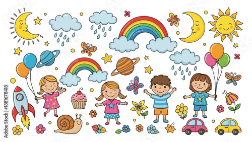 Cute Kids Playing with Space, Rainbows, and Nature Elements in a Fun Doodle Style