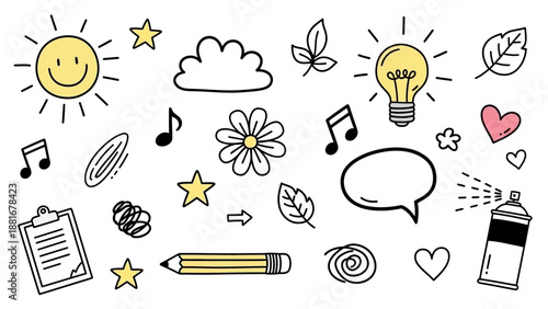 Hand-Drawn Doodle Elements Set: Sun, Lightbulb, Flowers, and Stationery for Creative Design