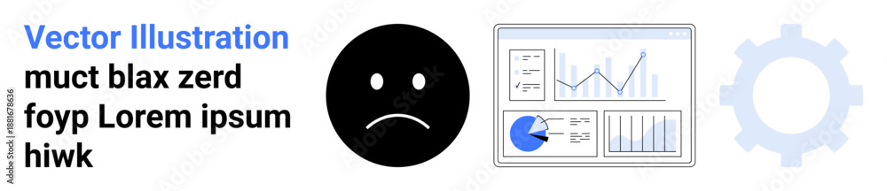 Fototapeta premium Sad face icon, analytics dashboard, and gear highlight difficulty in data interpretation, performance issues, productivity challenges. Ideal for troubleshooting, business reports, workflow strategy