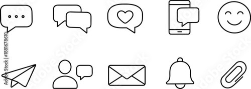 Communication and messaging icons set. Chat, message, notification, email and sharing outline symbols