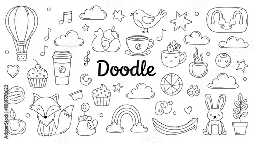Cute Doodle Elements Collection: Hot Air Balloon, Fox, Rabbit, Cupcakes, Rainbows and More
