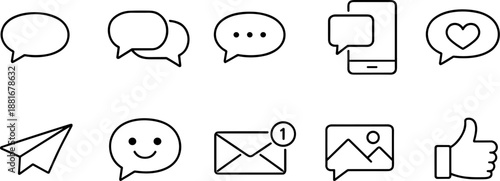 Communication and messaging icons set. Chat, message, notification, email and sharing outline symbols