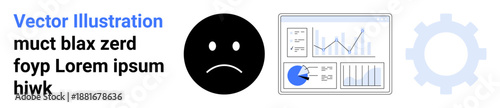 Sad face icon, analytics dashboard, and gear highlight difficulty in data interpretation, performance issues, productivity challenges. Ideal for troubleshooting, business reports, workflow strategy