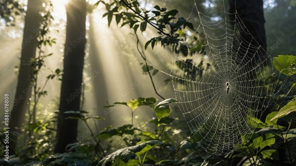 Fototapeta premium Spider web glistening in sunlight amidst a serene forest, showcasing nature's beauty and tranquility