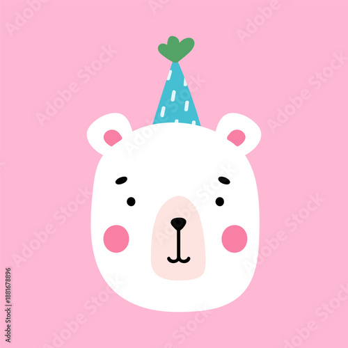 Cute white bear in a festive hat isolated on a pink background. Vector hand-drawn illustration in flat style. Perfect for decorations, holiday and birthday designs, cards, logo.