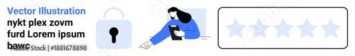Cybersecurity, data protection, online rating, user review, digital safety, secure access. A padlock, person interacting with a tablet and rating stars. Cybersecurity and data protection concept