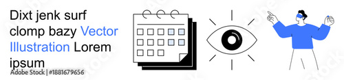 Planning, vision, virtual reality, technology, scheduling, innovation. A calendar, an eye icon and a human figure wearing VR glasses. Planning and vision concepts with technological elements