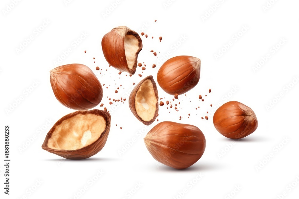 Obraz premium Falling five hazelnut food white background ingredient.
