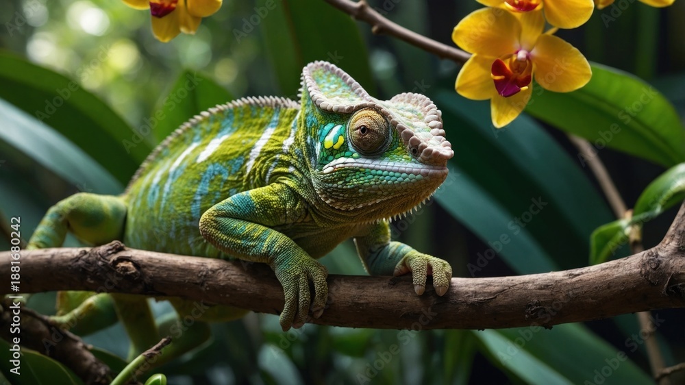 Obraz premium Colorful chameleon perched on a branch surrounded by vibrant orchids in a lush tropical setting