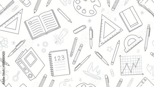 Seamless Pattern of School Supplies and Stationery Doodle, Back to School Concept
