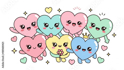 A colorful illustration of cute heart characters with smiling faces and sparkles