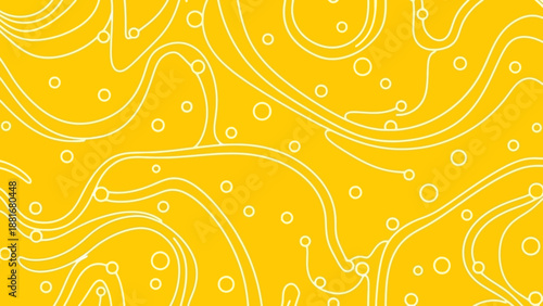 Seamless Abstract Yellow Background with White Curving Lines and Bubbles Pattern