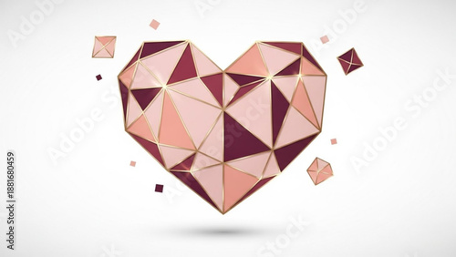A geometric heart illustration with pink and purple polygons and gold lines