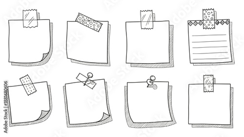 A collection of eight hand-drawn sticky notes, some with tape and some with pushpins, in a simple sketch style.