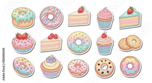 A vibrant illustration of assorted sweet baked goods on plates and trays indoors.