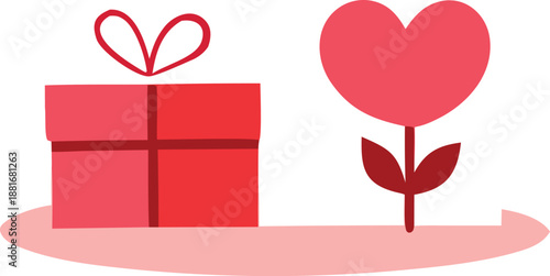 A red gift box beside a blooming heart-shaped flower