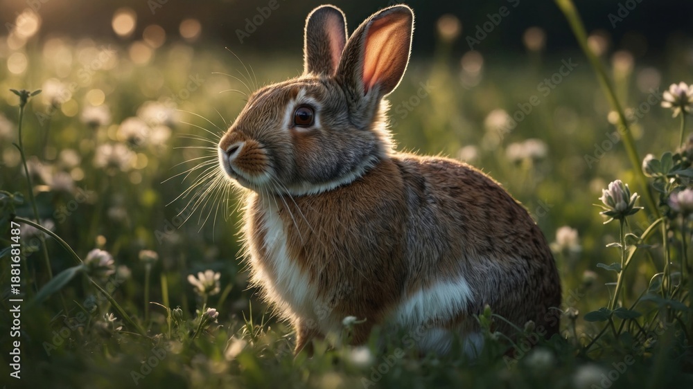 Fototapeta premium A serene rabbit sits gracefully in a sunlit meadow surrounded by blooming wildflowers