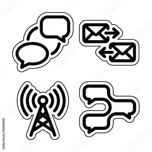 A set of four communication icons, including speech bubbles, envelopes, and a cell tower, representing dialogue, messaging, and signal transmission