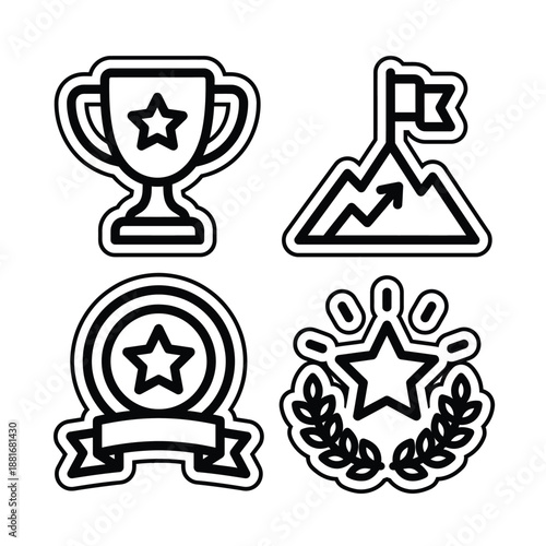 Collection of dynamic outline icons symbolizing various aspects of success, achievement, goal attainment, and recognition through trophies, medals, and challenges