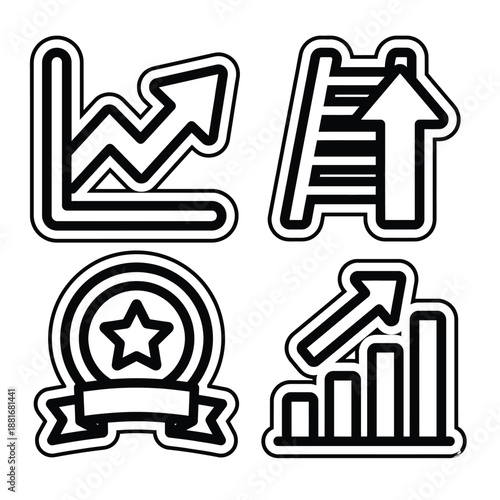 Diverse graphic symbols illustrating fundamental concepts of progress, achievement, and business growth, perfect for visualizing strategic development and success metrics