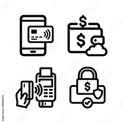 Concept of modern secure digital payments and mobile banking, illustrating various financial technology icons for seamless online transactions and data protection