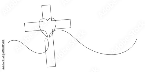 Christianity love. Heart and cross. Continuous line drawing. Religion concept.