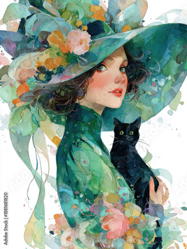 Watercolor Woman in Hat Holding Cat, Abstract Floral Portrait Art