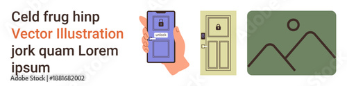 Digital security, smart technology, access management, home automation, mobile devices, innovation. Mobile phone unlocking a door. Digital security and smart technology concept
