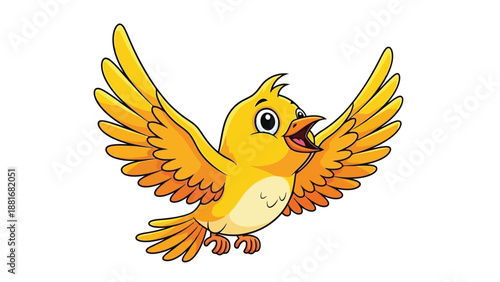 A cheerful cartoon yellow bird with its wings spread wide, appearing to sing or call out.