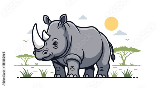 A cartoon illustration of a rhinoceros standing in a savanna landscape with acacia trees and a sun.