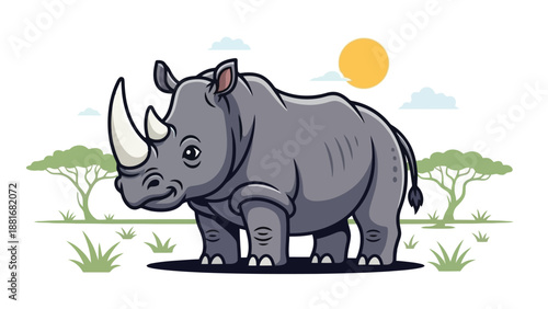 A cartoon illustration of a rhinoceros standing in a grassy savanna with acacia trees and a sun in the background.