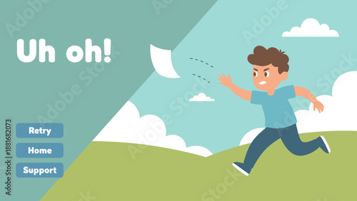 Cute 404 Error Page Template: Boy Running After Lost Paper Document. "Uh Oh!" Message and Retry/Home/Support Buttons.