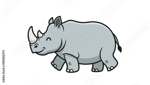 A cute cartoon illustration of a happy rhinoceros walking with its eyes closed.