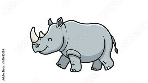 A cute cartoon illustration of a happy rhinoceros with its eyes closed and a smile on its face.