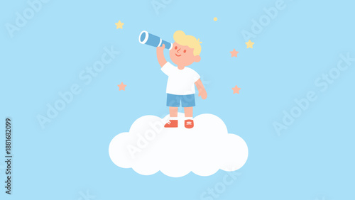 Little Boy Standing on a Cloud Looking Through a Telescope. Child Dreaming, Exploration, Imagination Vector for Kids.