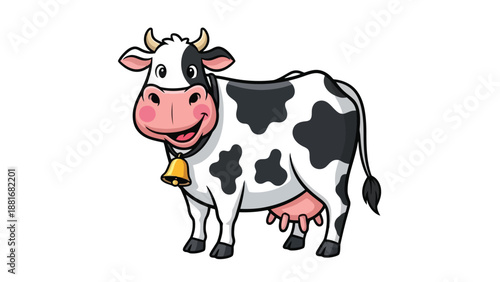 A cartoon illustration of a happy black and white cow with a bell around its neck.