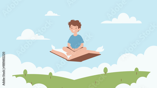 Child Flying on Open Book: Education, Reading, Imagination, Fantasy Adventure, Knowledge Journey Vector Illustration.