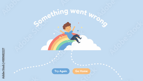 Something Went Wrong Screen. Friendly Error Page UI/UX Template. Cute Cartoon Boy Falling Off Rainbow Cloud. 404 Page Concept Vector.