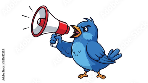 A cartoon blue bird is holding a red and white megaphone and shouting loudly.