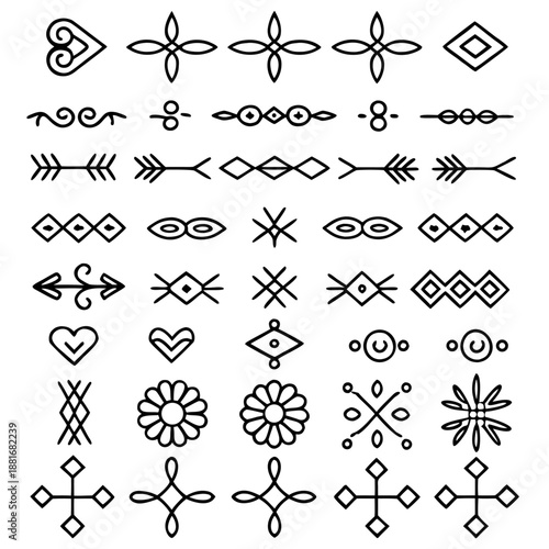 This image features a variety of symbolic and geometric designs, including hearts, arrows, flowers, and other abstract patterns, arranged in a grid.
