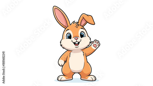 A cute cartoon illustration of a fluffy orange bunny waving hello with a big smile.