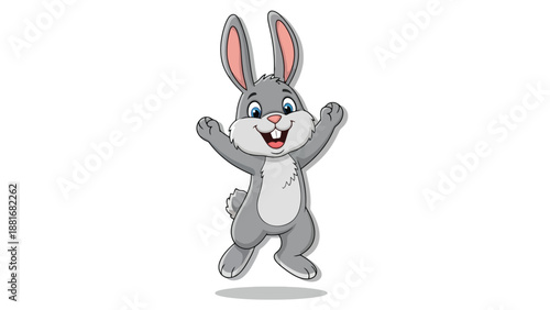 A happy cartoon rabbit with its arms raised in excitement, jumping in the air.