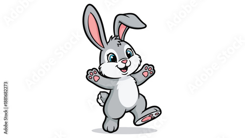 A cute cartoon gray bunny rabbit with big blue eyes and long ears is happily dancing.