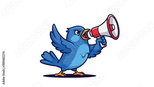 A cartoon blue bird holding a red and white megaphone and shouting loudly.