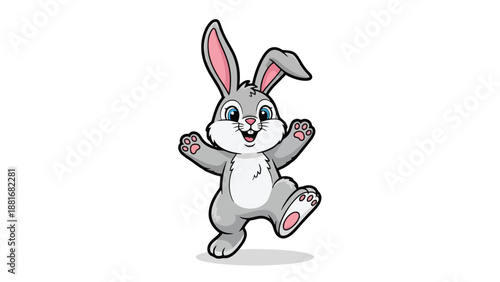 A cute cartoon illustration of a happy gray bunny rabbit with big blue eyes and long ears, joyfully hopping on one leg with its arms raised.