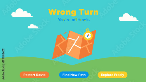 Wrong Turn Off Track Error Screen Concept - Map, Compass, and Navigation Options for UX/UI Design or Business Pivots