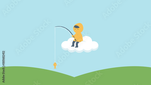 Whimsical Vector Illustration: Cute Child in Yellow Raincoat Sitting on a Cloud and Fishing in the Sky, Representing Dreams and Ambition.