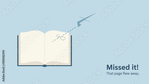 404 Error Page Not Found Concept. Paper airplane flying away from an open book. Minimalist web design template with copy space.