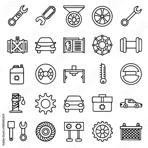 A collection of 25 black and white icons representing various tools and components related to automotive repair and maintenance.